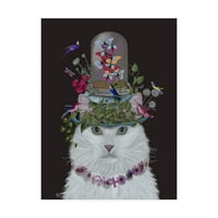 Mačka sa zaštitnim znakom , bijela s leptir zvonom, na crnom platnu umjetnost Fab Funky