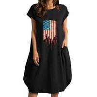 Ženska široka haljina kratkih rukava s printom američke zastave, ljetne haljine s okruglim vratom i džepom, 4.