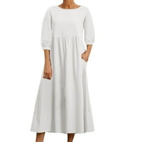 Maksi haljine za žene za žene modna ležerna jednobojna pamučna lanena haljina s okruglim vratom s džepom dugih