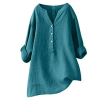 Holloyiver košulje za žene trendov ljetni V-izrez dugi rukav labavi gumb pamuk i lanene tunike košulje ljetne