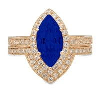 2-karatni Markiz rezani dijamant imitira 14-karatni Plavi safir od žutog zlata, s naglascima, vjenčani set od