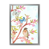 Pametna ptica koja sjedi na grani proljetnog stabla s leptirima uokvirenim slikanjem platna umjetnički tisak