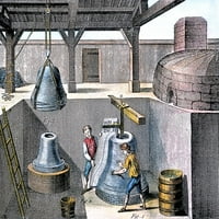 Bell Casting, 1763. Nworkmen, zvona za lijevanje, spremni kalup za primanje rastopljenog bakra i limenke. Graviranje