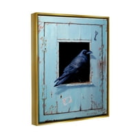 Vrana se smjestila na rustikalna Plava vrata koja su visjela na ključu, metalna zlatna slika, uokvireno plutajuće