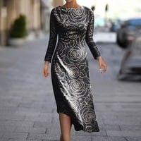 Ženska haljina s okruglim vratom s dugim rukavima, opremljena, s neravnim rubom, s printom od 3 tisuće