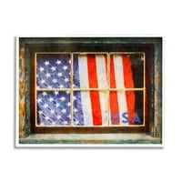 Domoljubna američka zastava rustikalni prozor Svečana kućna slika u bijelom okviru umjetnički ispis na zidu, dizajn