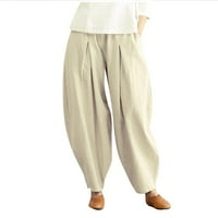 Ženske casual jednobojne hlače, udobne pamučne Konopljine široke hlače, duge hlače s elastičnim strukom, velika