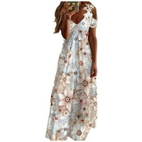 Ženski modni ljetni tisak s V-izrezom s ramena kratki rukavi Spajanje čipkaste haljine Khaki 3xl