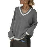 Ženski jesenski pulover s izrezom u obliku slova U i dugim rukavima labavog kroja u bloku boja