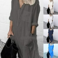 Ženska pamučna lanena košulja Plus size ležerna vrećasta elegantna jednobojna haljina u sivoj boji, u boji, u