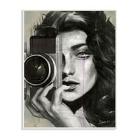 Stupell Industries Portret ženskog fotografkinje crno -bijeli crtež neotkriveni umjetnički print zid umjetnosti,