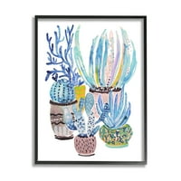 Studell uzorka plave biljke kaktusa botanička i cvjetna slika crno uokvirena umjetnička print zidna umjetnost