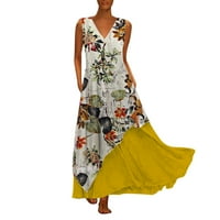 Sebulube Stilske ljetne haljine za žene plus žene Vintage v Neck Spajanje cvjetnog tiskanog rukava Maxi haljina