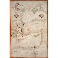 Oliva, Joan Black uokvirena suvremena muzejska umjetnička gravura pod naslovom-Karta Turske, Mediterana, Jadrana